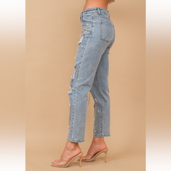 NEW HIGH WAISTED RHINESTONES FRINGE DENIM PANTS - Picture 2 of 4